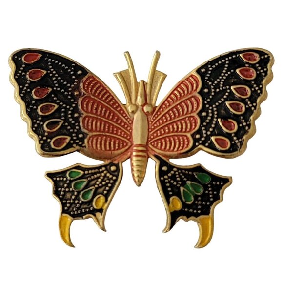 Spain Jewelry - Spain Red Black Enamel Toledoware Butterfly Brooch Pin E790